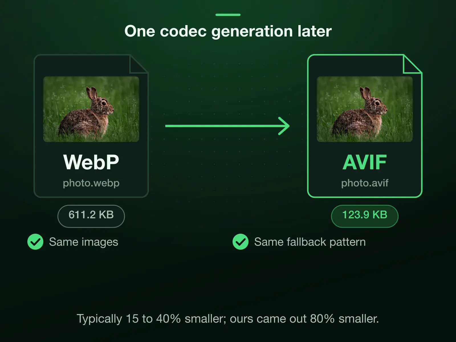 Our 611.2 KB reference WebP re-encoded as a 123.9 KB AVIF at Auto, 80% smaller; AVIF is typically 15 to 40% smaller than WebP at equal visual quality. Same images, same fallback pattern.