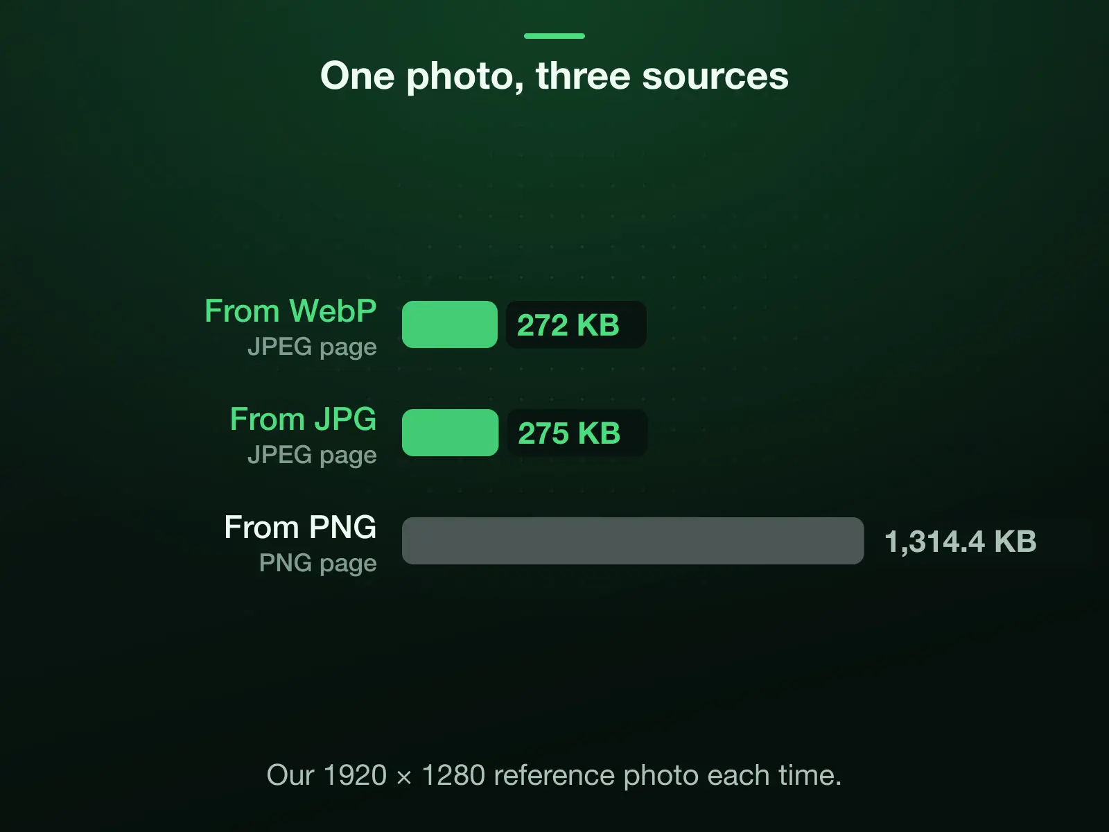 Our reference photo as a PDF from three formats, measured: from the WebP 272 KB, from the JPG 275 KB, from the PNG 1,314.4 KB, because a PNG page stays a PNG while the WebP and the JPG become JPEG pages.