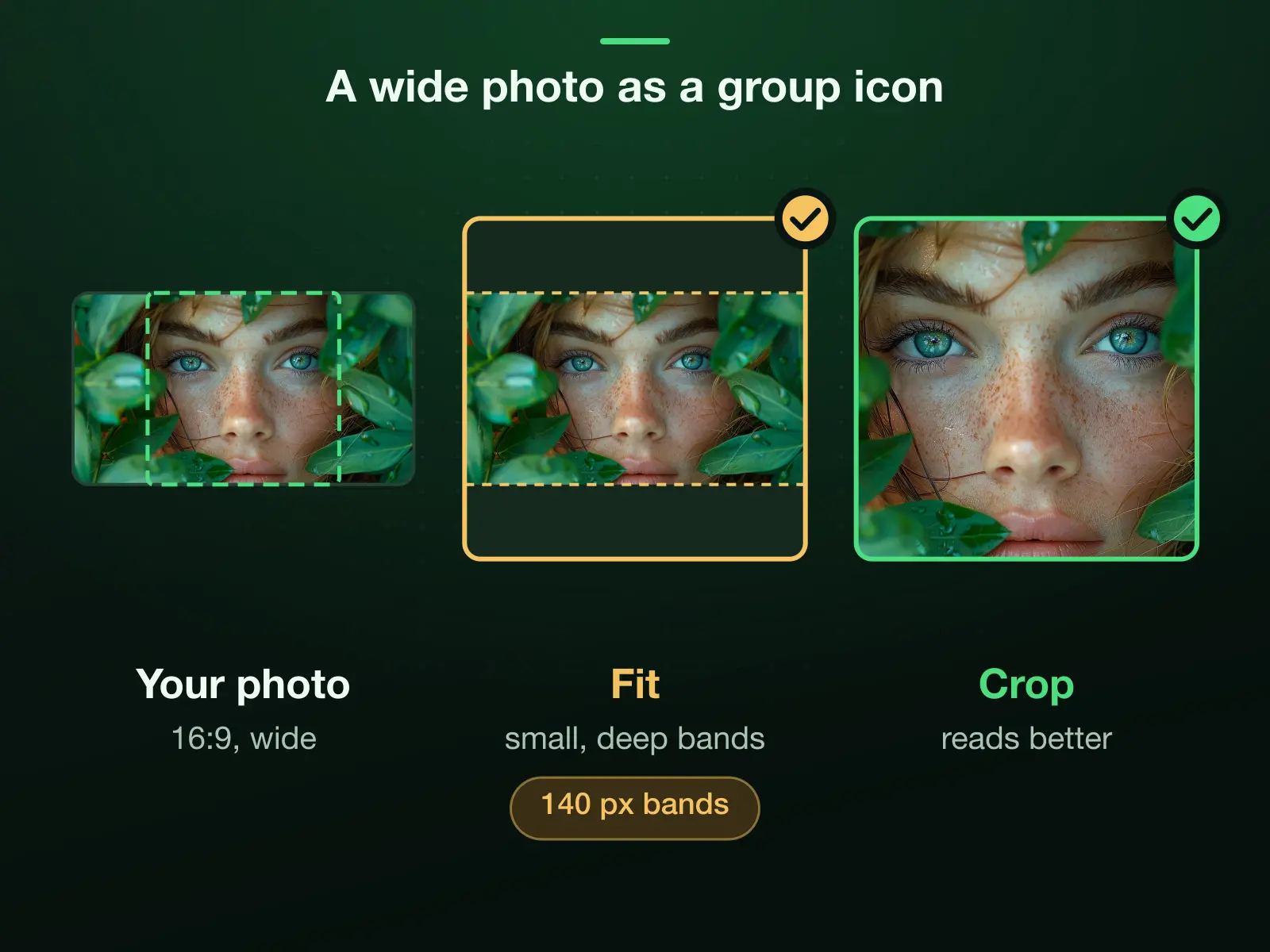 A 16:9 photo made into a 640 × 640 group icon: Fit keeps all of it with deep bands of 140 pixels above and below, so everything in it is small; Crop drags the square over the part that matters, which usually reads better.