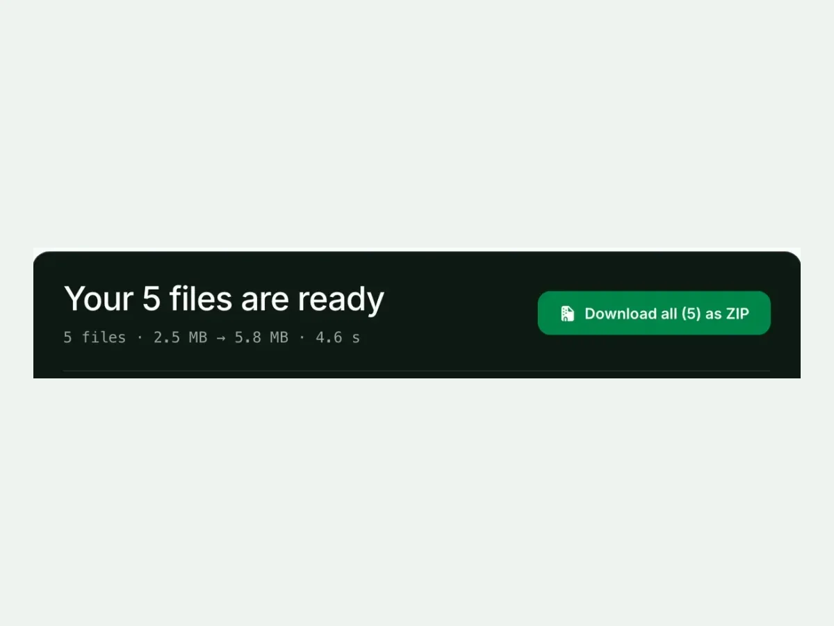 Five converted files with a Download all as ZIP button