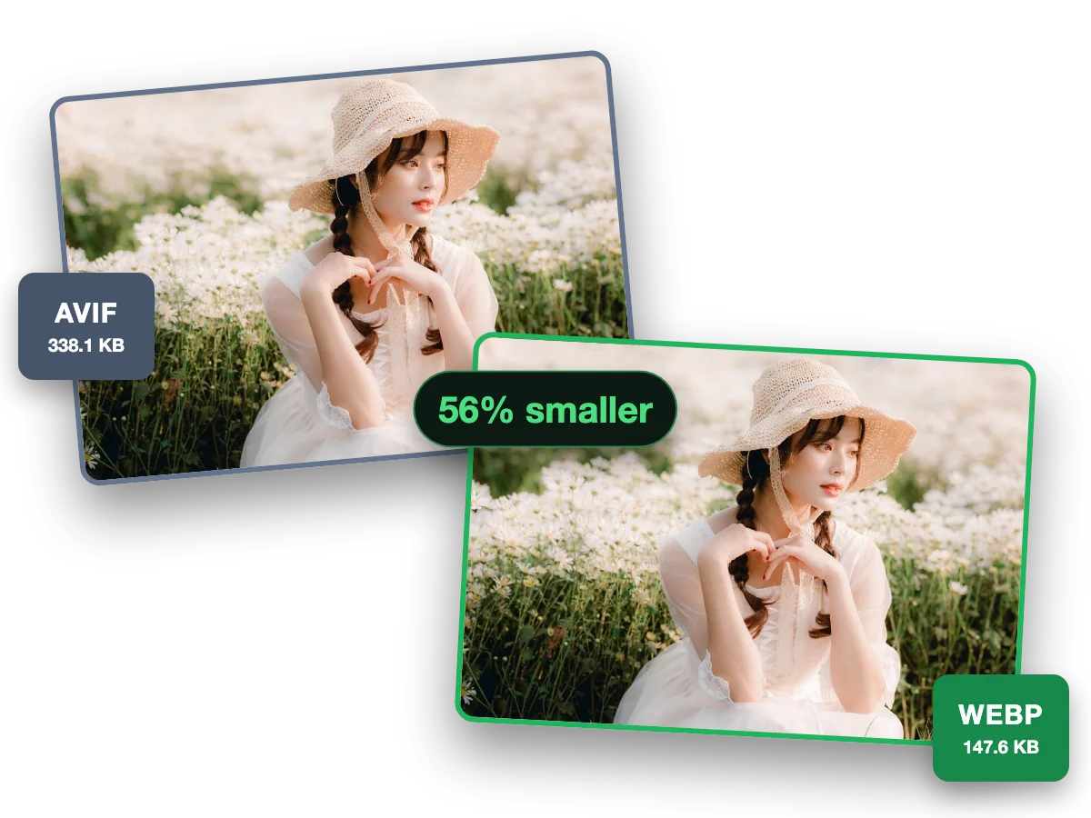 One photo as a 338.1 KB AVIF and as a 147.6 KB WebP
