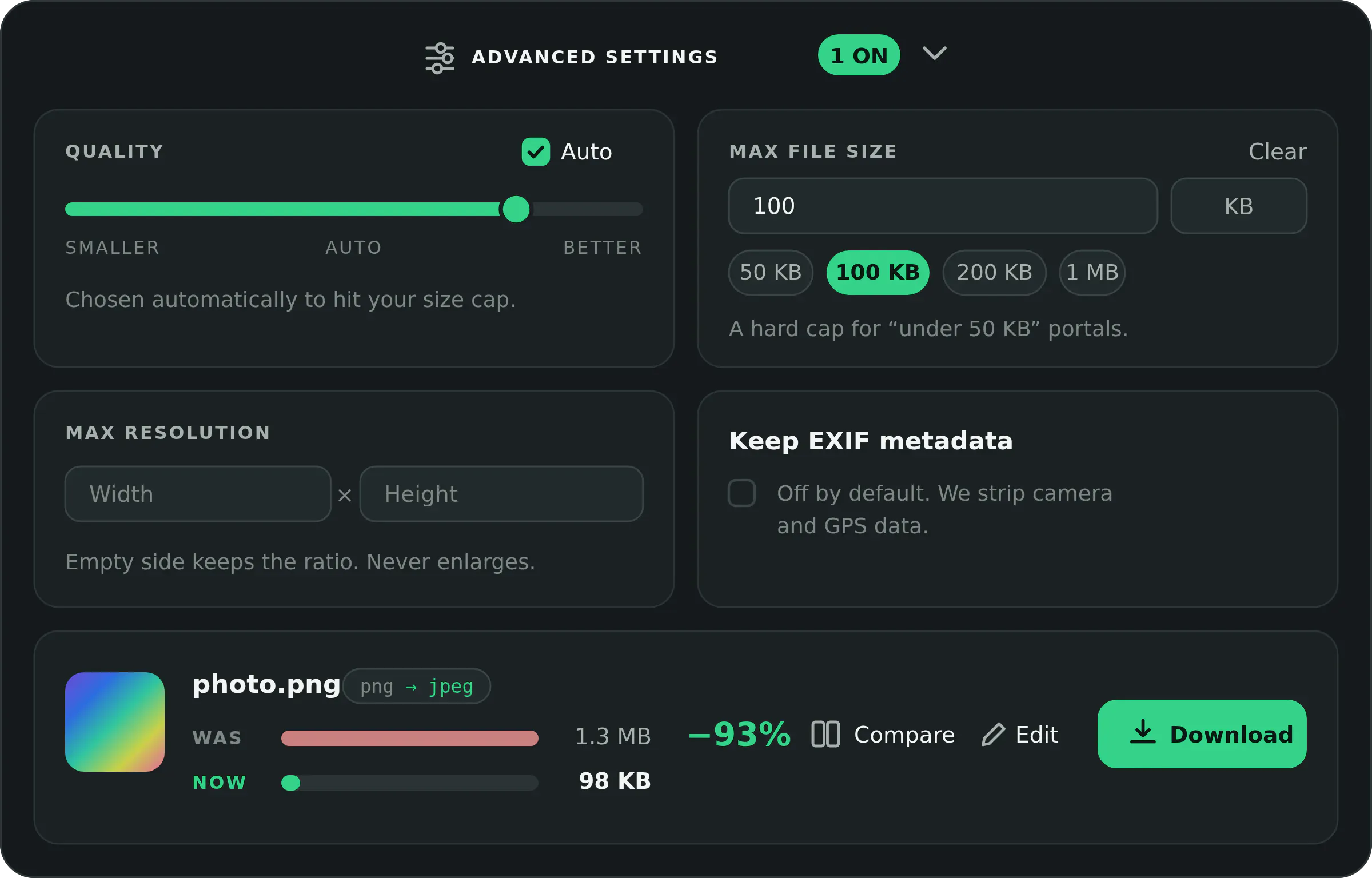 Convert an image under 100 KB with Blinkimg's max file size setting: a PNG converted to JPEG at 98 KB, under the cap in one pass, shown in the result row beneath the Advanced settings