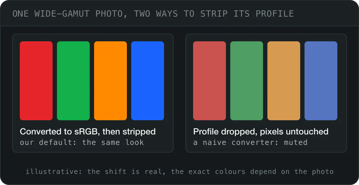 Display P3 to sRGB colour conversion, the profile stripped two ways: two rows of colour swatches, unchanged when the pixels are converted to real sRGB first, muted when the profile is dropped without converting