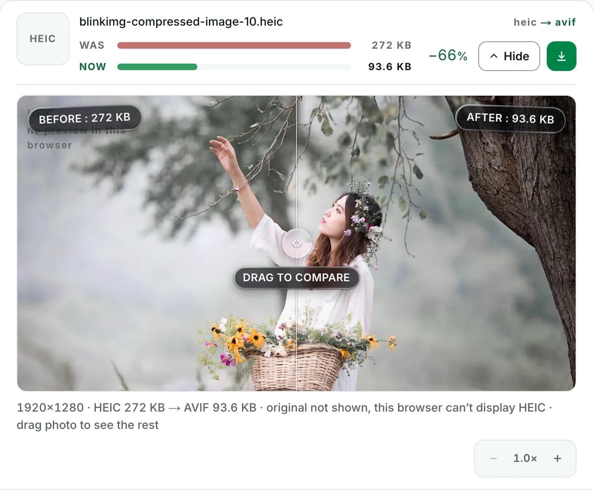 HEIC to AVIF converter with no change you can see: the real tool on this page