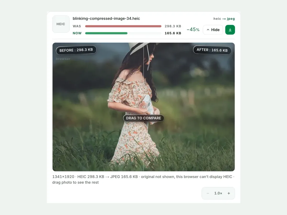 A HEIC beside its JPG in the compare slider, with both sizes