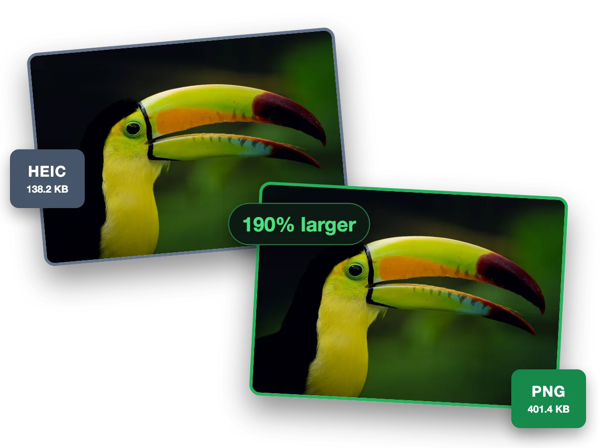 One photo as a 138.2 KB HEIC and as a 401.4 KB PNG
