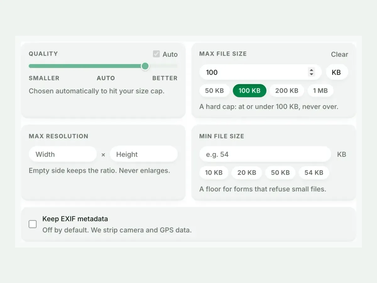 Advanced settings with a 100 KB maximum file size set