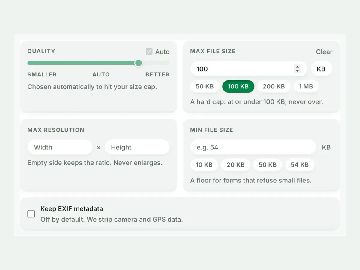 Advanced settings with a 100 KB maximum file size set