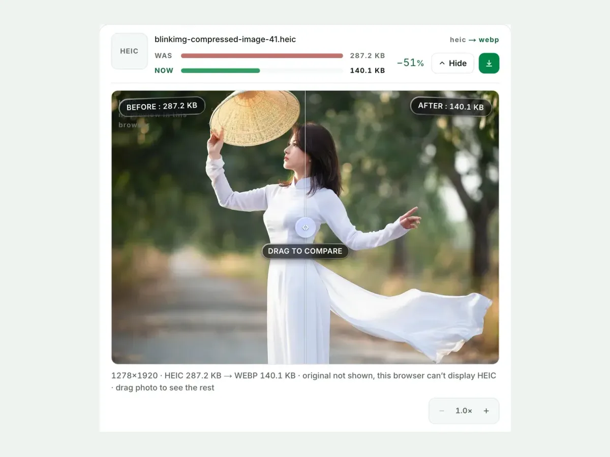 A HEIC beside its WebP in the compare slider, with both sizes