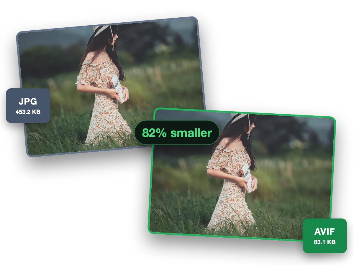 One photo as a 453.2 KB JPG and as a 83.1 KB AVIF