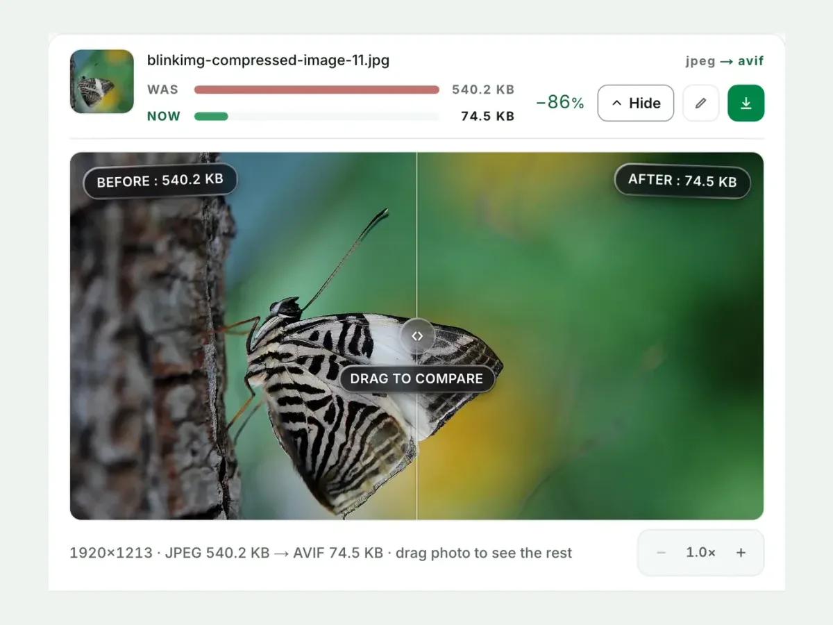 A JPG beside its AVIF in the compare slider, with both sizes