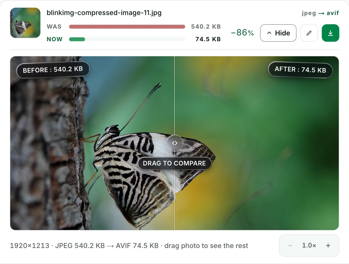 JPEG to AVIF with no change you can see: the real tool on this page