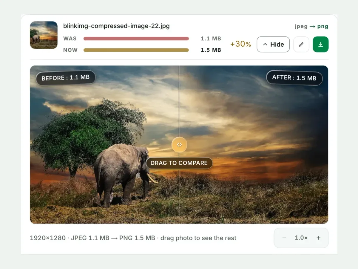 A JPG beside its PNG in the compare slider, with both sizes