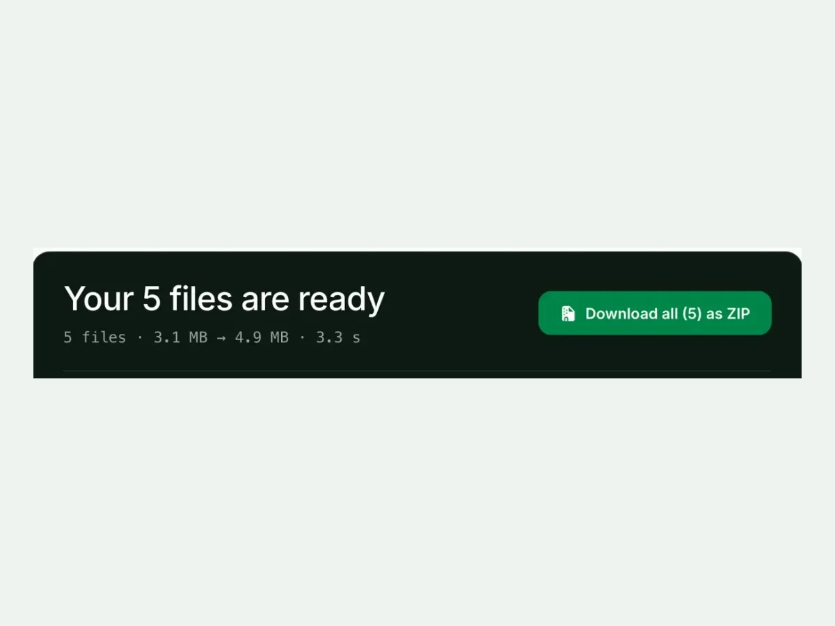 Five converted files with a Download all as ZIP button