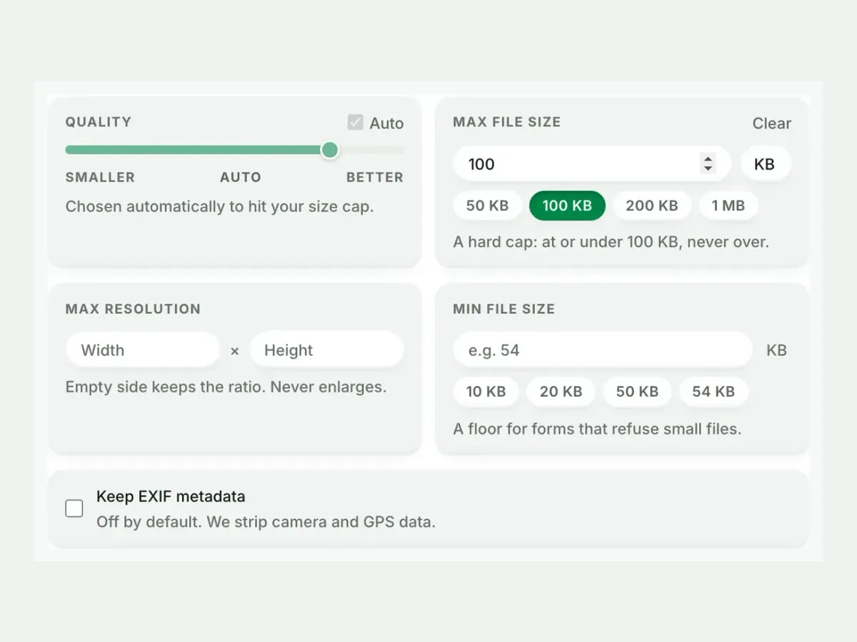 Advanced settings with a 100 KB maximum file size set