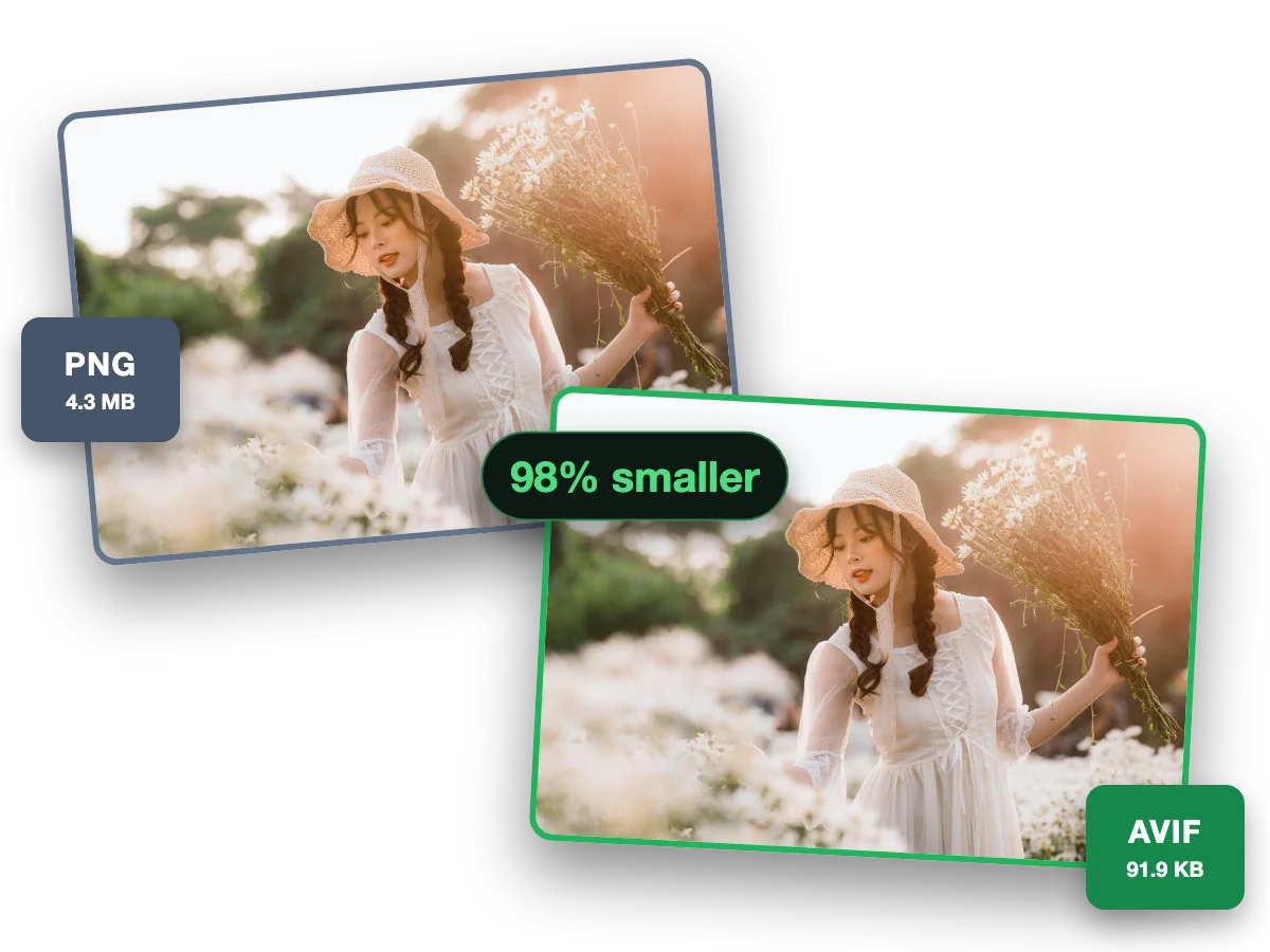 One photo as a 4.3 MB PNG and as a 91.9 KB AVIF