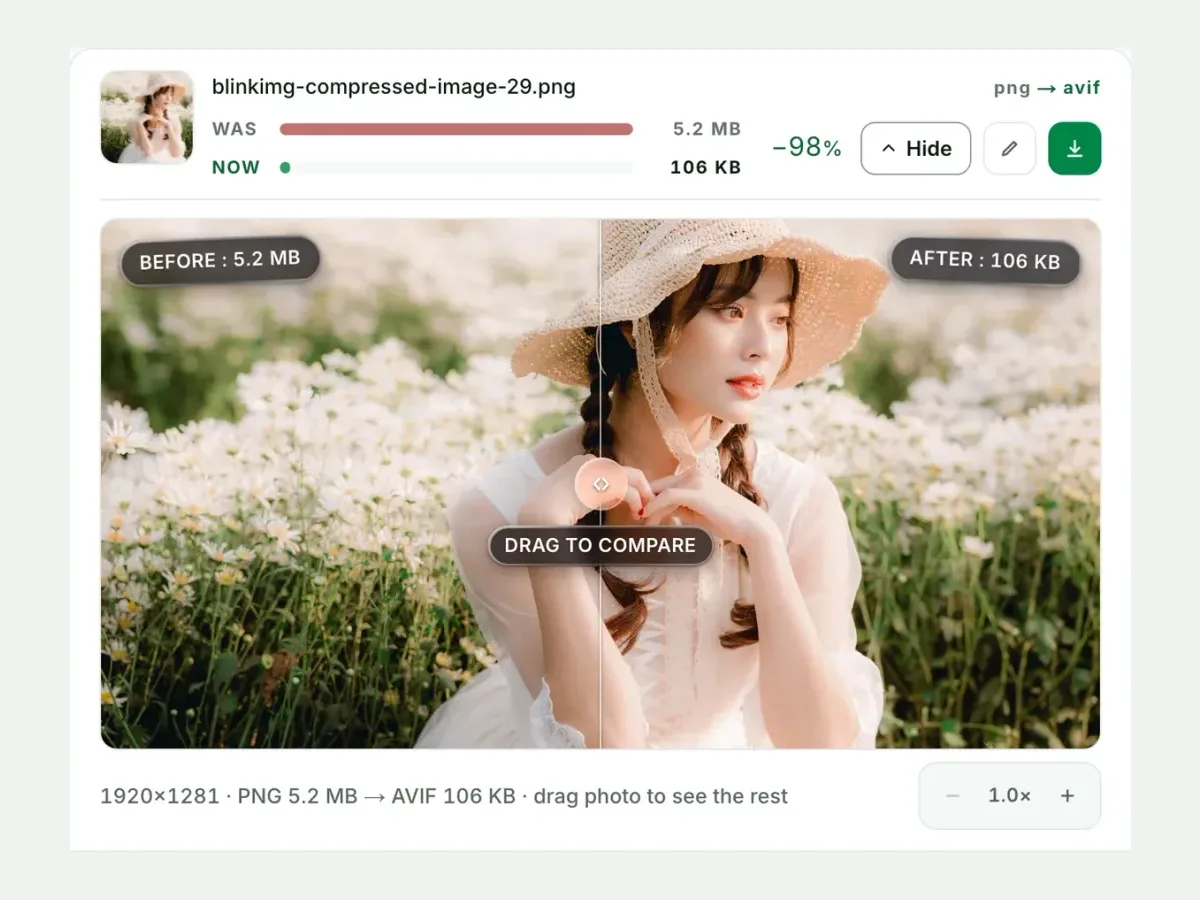A PNG beside its AVIF in the compare slider, with both sizes