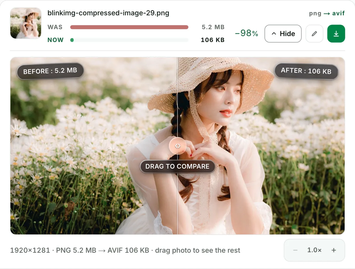 PNG to AVIF converter with no change you can see: the real tool on this page