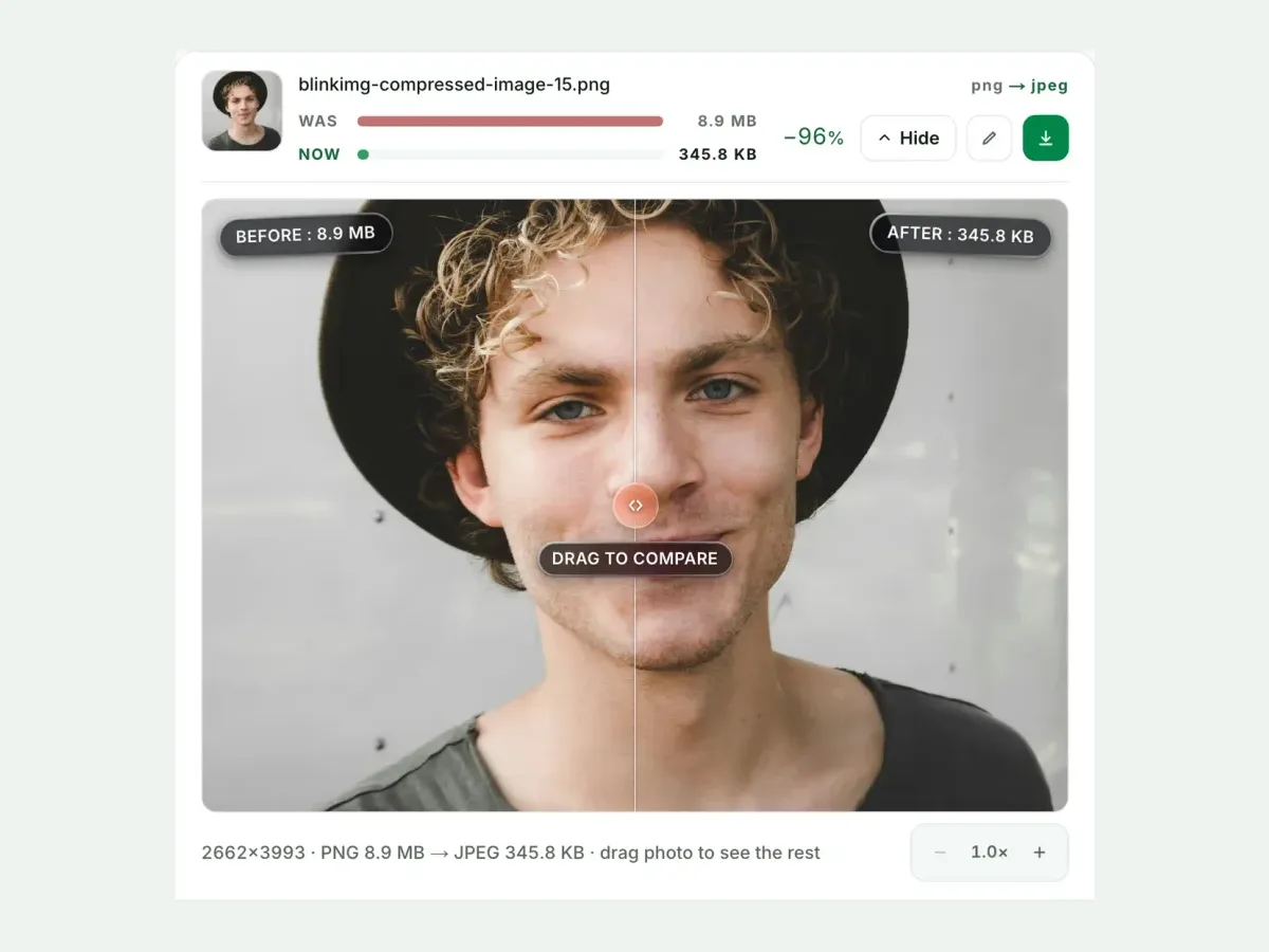 A PNG beside its JPG in the compare slider, with both sizes