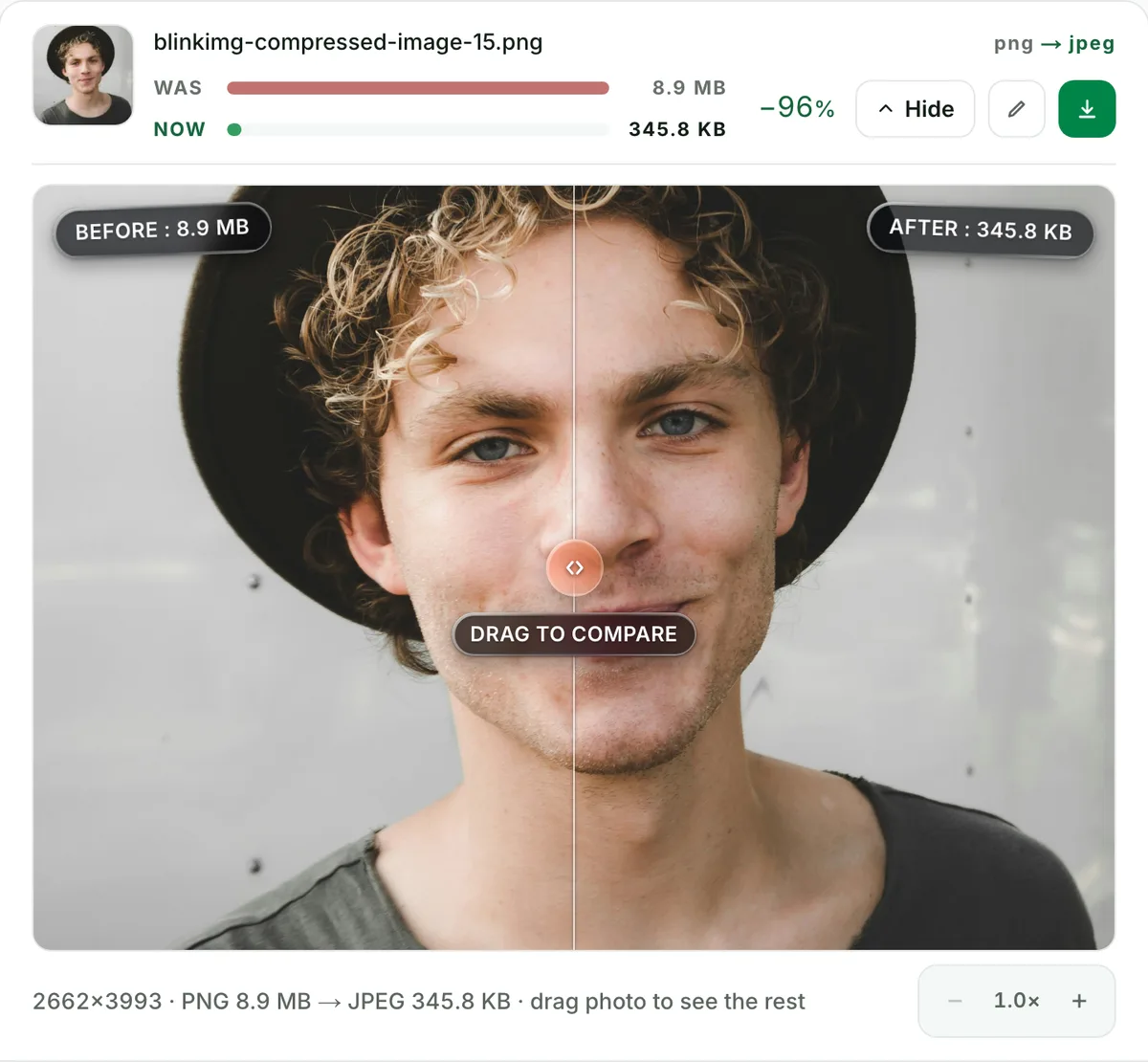 PNG to JPEG with no change you can see: the real tool on this page