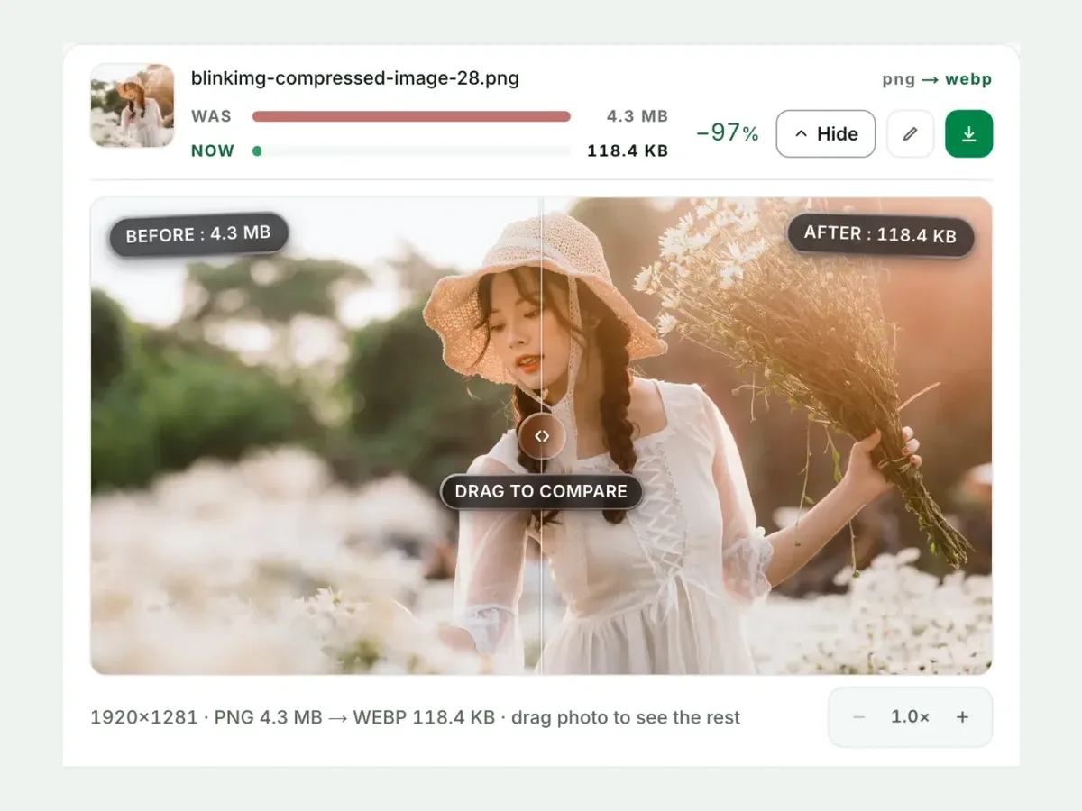 A PNG beside its WebP in the compare slider, with both sizes