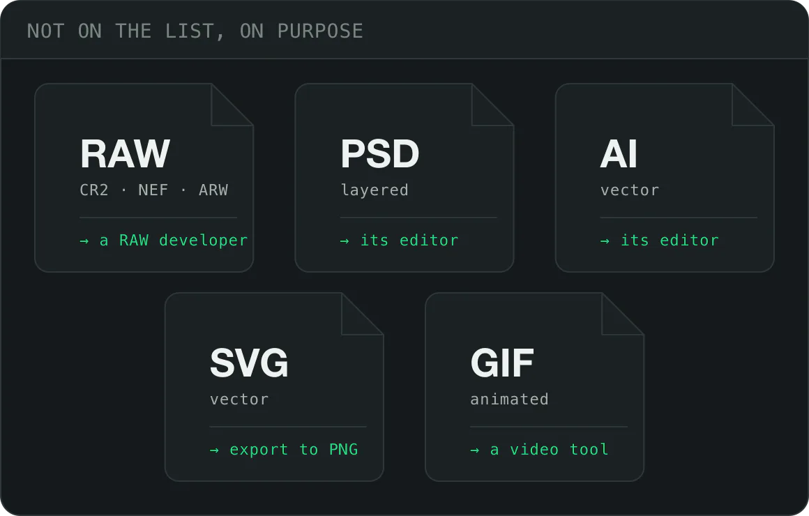 Unsupported image formats, on purpose: RAW, PSD, AI, SVG and animated GIF, each with the tool that should handle it instead: a RAW developer, its own editor, a PNG export first, a video tool