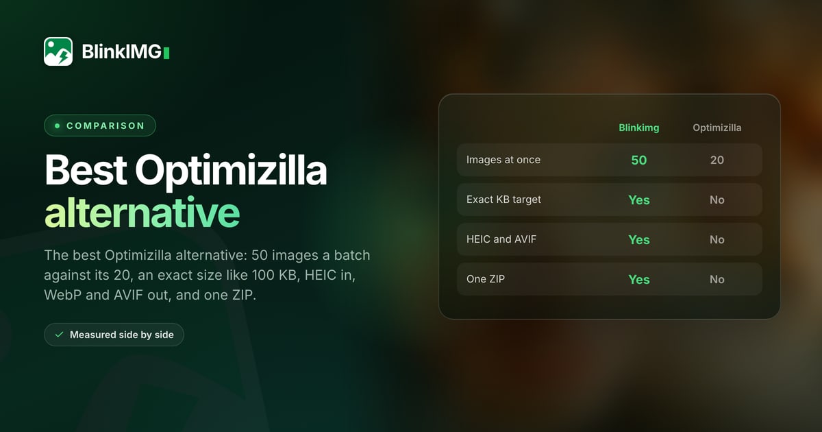 Optimizilla alternative: Blinkimg and Optimizilla side by side, each limit read on Optimizilla's own pages
