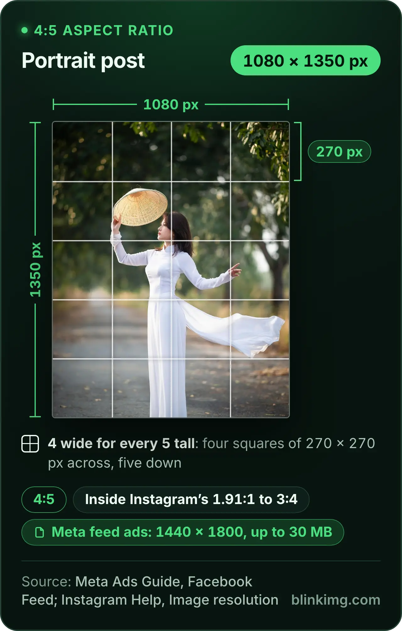 A 4:5 portrait drawn at 1080 × 1350 pixels with a grid of 270-pixel squares, four across and five down. Chips give Meta's 1440 × 1800 feed image ad, up to 30 MB, and Instagram's kept range of 1.91:1 to 3:4, which 4:5 sits inside.