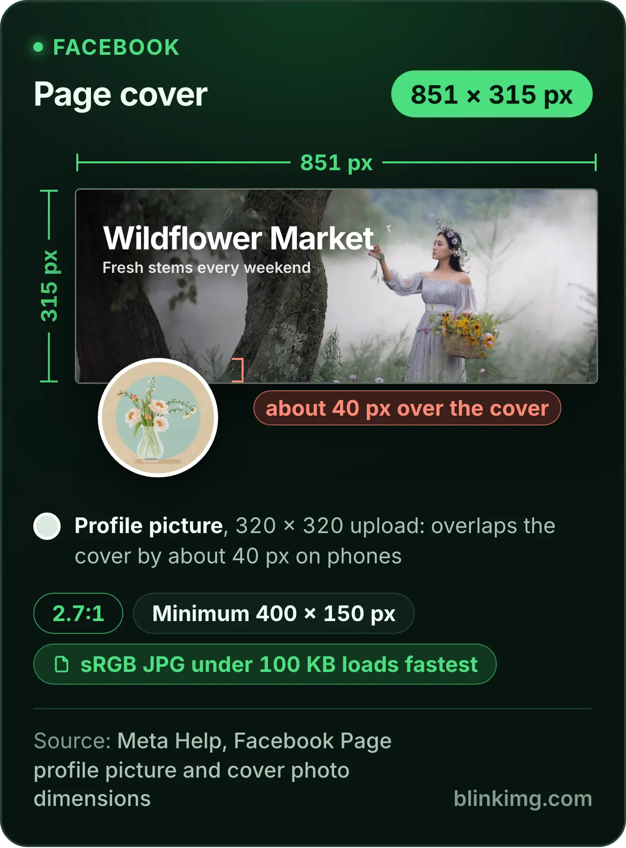 A Facebook Page cover drawn at 851 × 315 pixels, 2.7:1: a misty meadow with a market's name, and the profile picture overlapping the cover's lower edge by about 40 pixels, as Meta says it does on phones. Chips give the sRGB JPG under 100 KB that Meta says loads fastest and the 400 × 150 minimum.