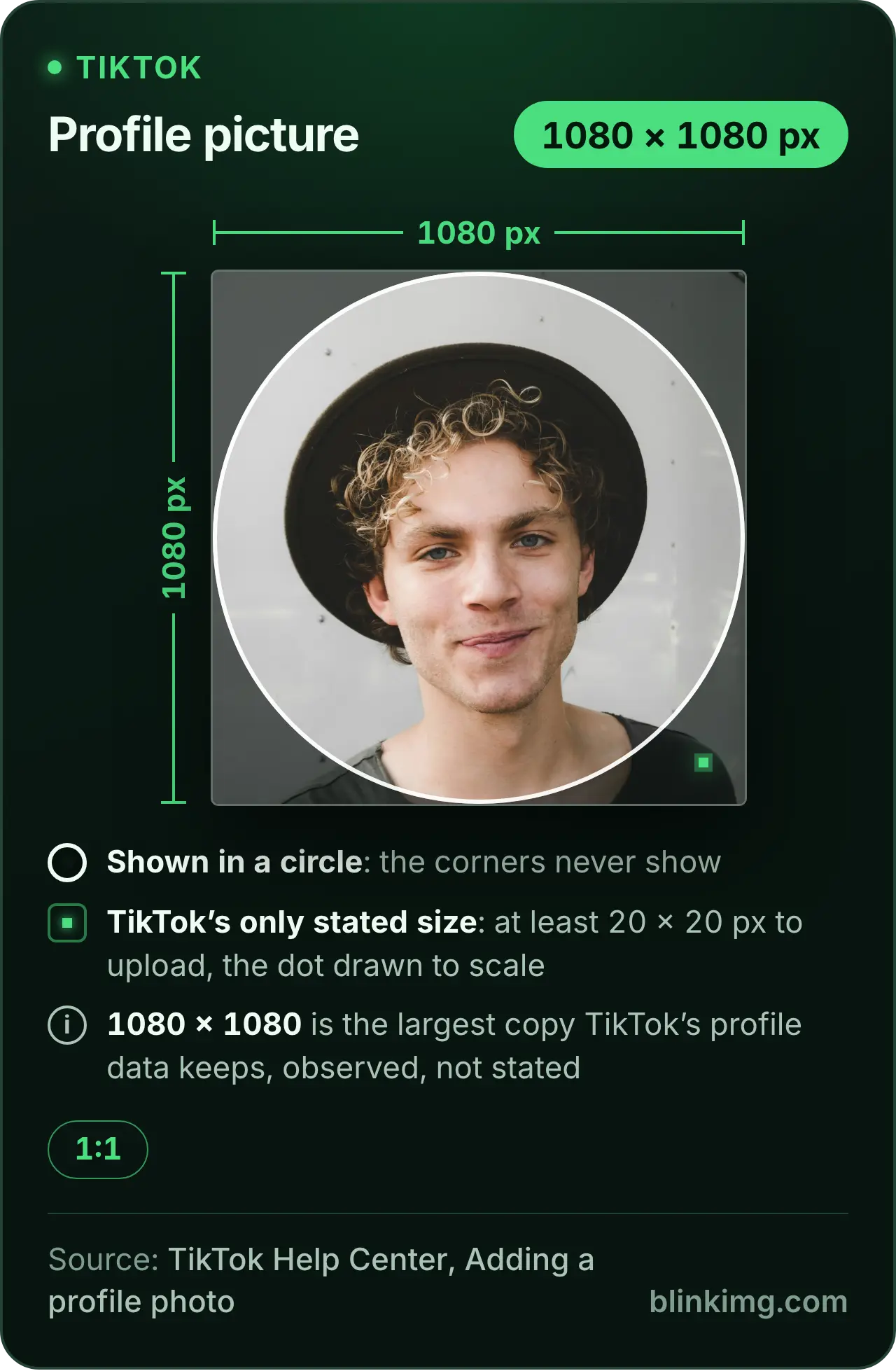 A TikTok profile picture drawn at 1080 × 1080 pixels with the circle the app shows it in, the corners dimmed, and TikTok's only stated size, a 20 × 20 pixel minimum, drawn to the same scale as a dot in the corner.