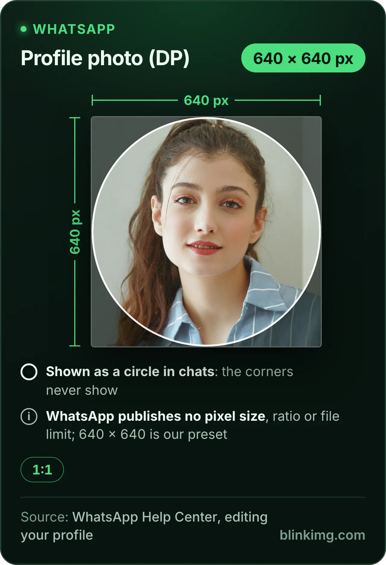 A WhatsApp profile photo drawn as a 640 × 640 pixel square, our preset, with the circle chats show it in and the corners dimmed. WhatsApp publishes no pixel size, ratio or file limit for a profile photo.