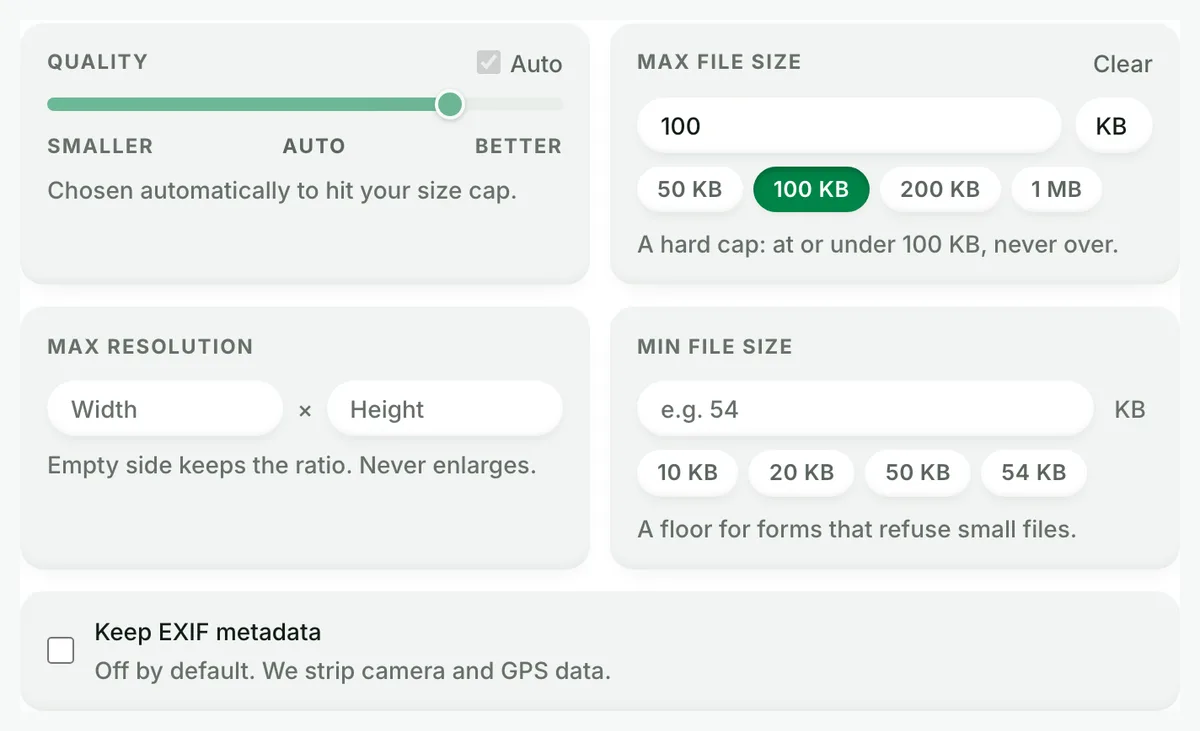 At or under 100 KB, never over: the real tool on this page