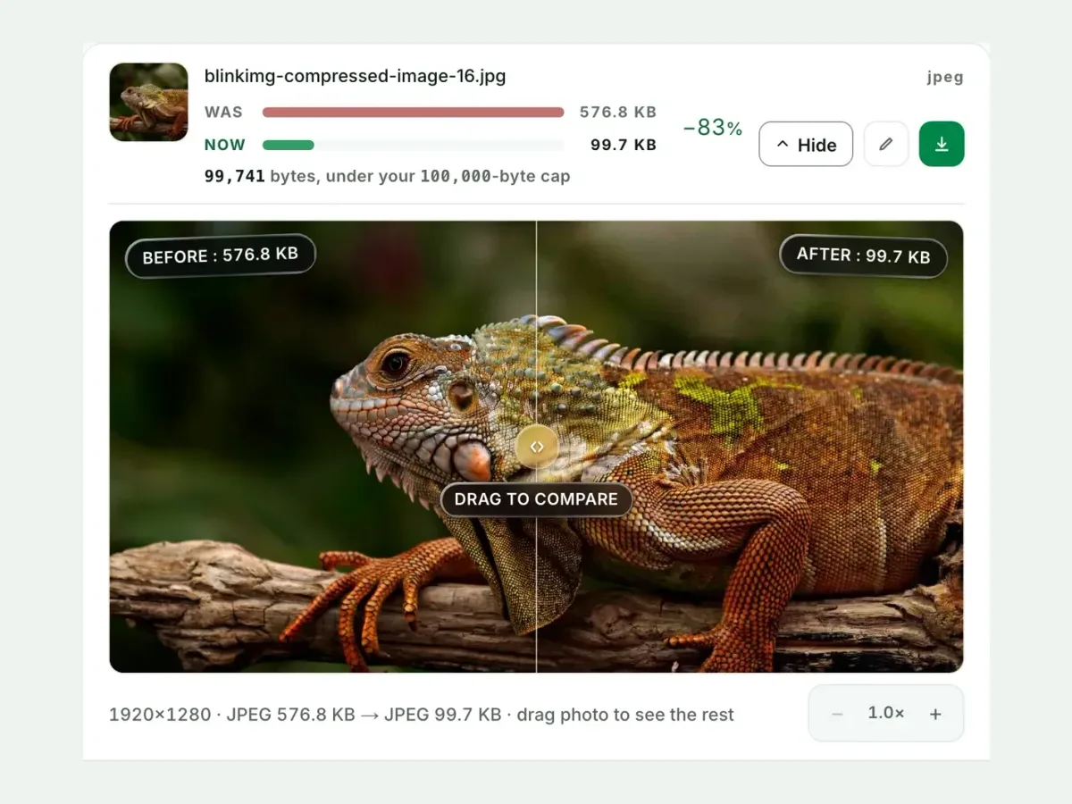 A photo before and after in the compare slider, with both sizes