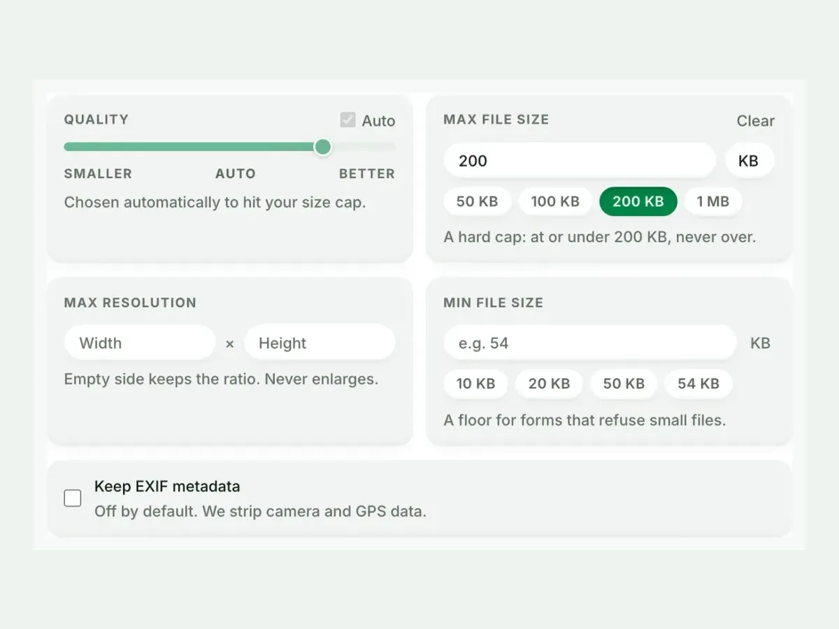 Advanced settings with the maximum file size set to 200 KB