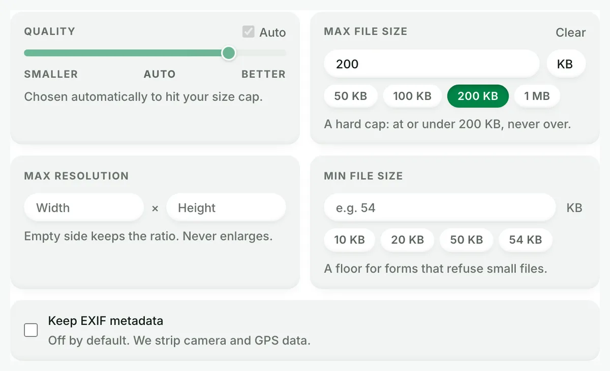 At or under 200 KB, never over: the real tool on this page