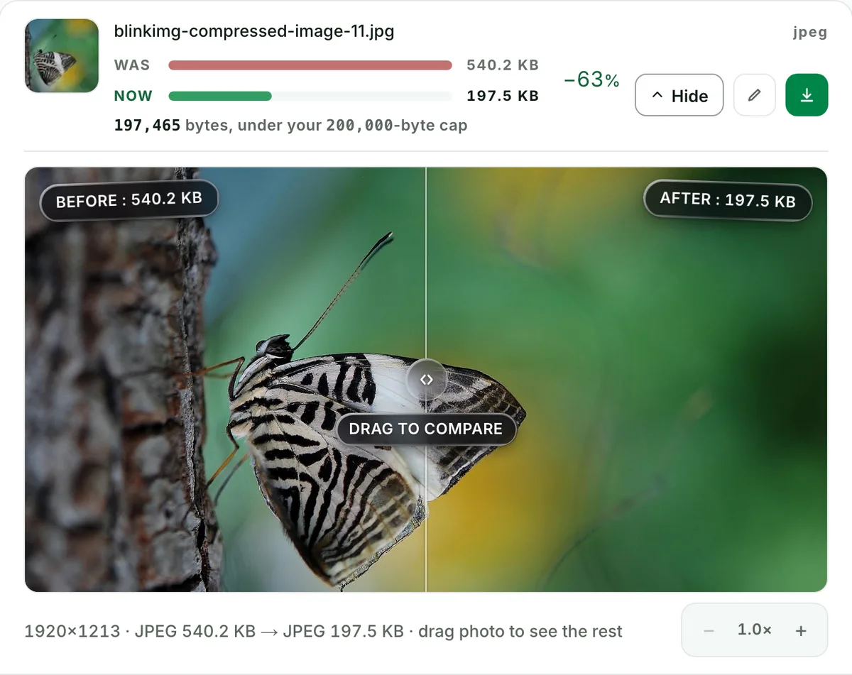 Resize an image to 200 KB without visible loss: the real tool on this page