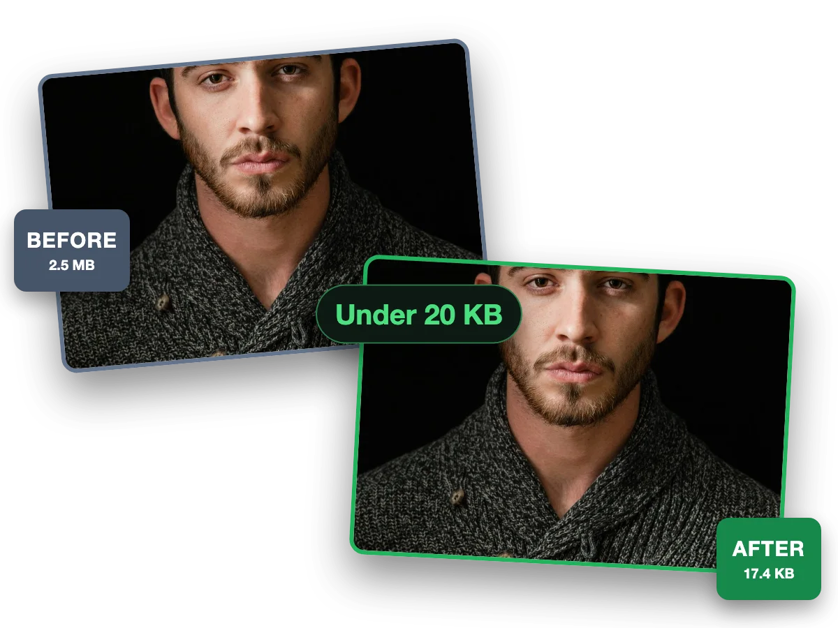 One photo before (2.5 MB) and after (17.4 KB) a 20 KB cap