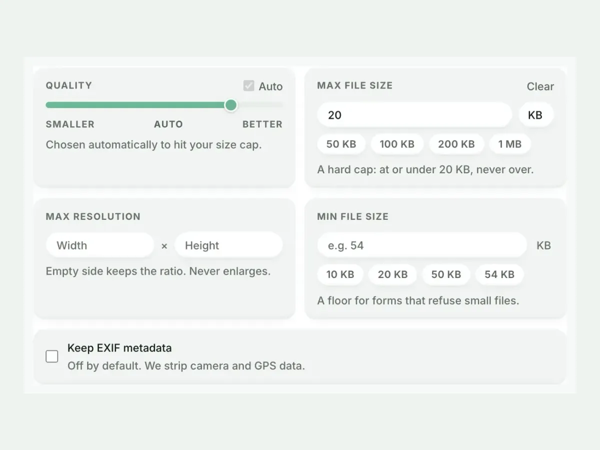 Advanced settings with the maximum file size set to 20 KB