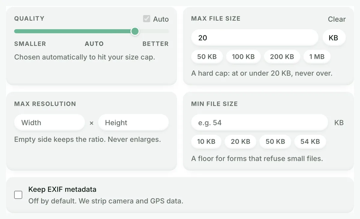 At or under 20 KB, never over: the real tool on this page