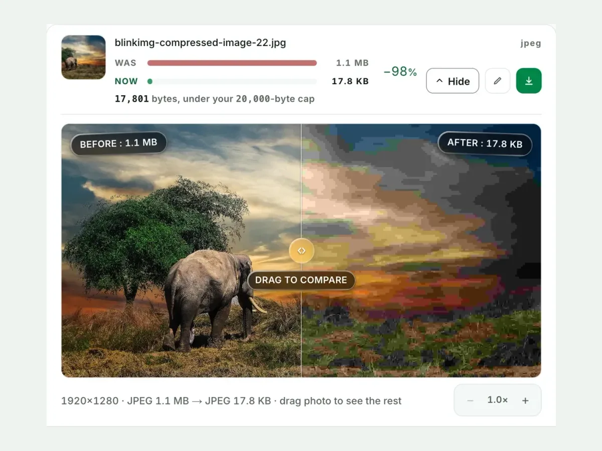 A photo before and after in the compare slider, with both sizes