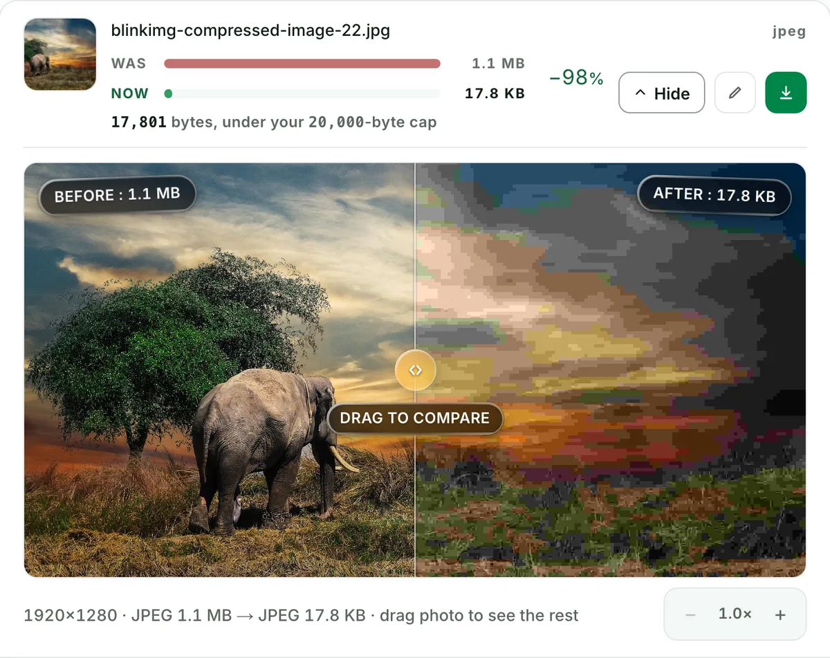 Resize an image to 20 KB without visible loss: the real tool on this page