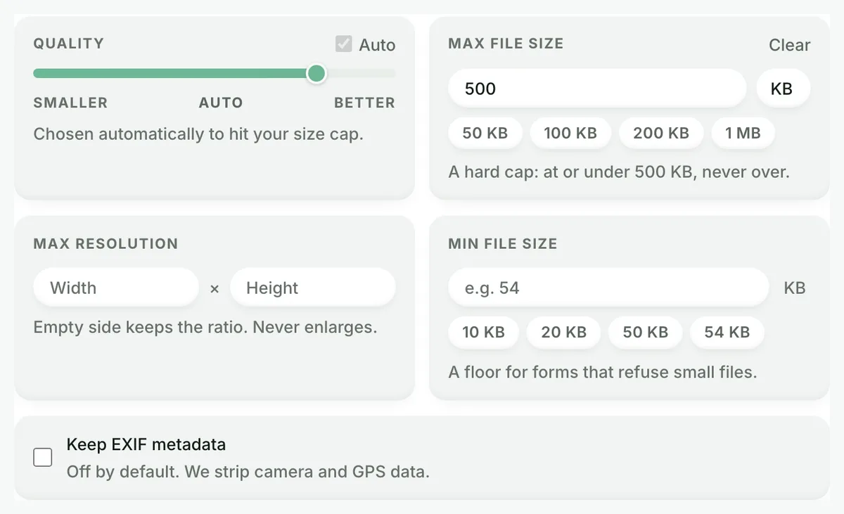 At or under 500 KB, never over: the real tool on this page