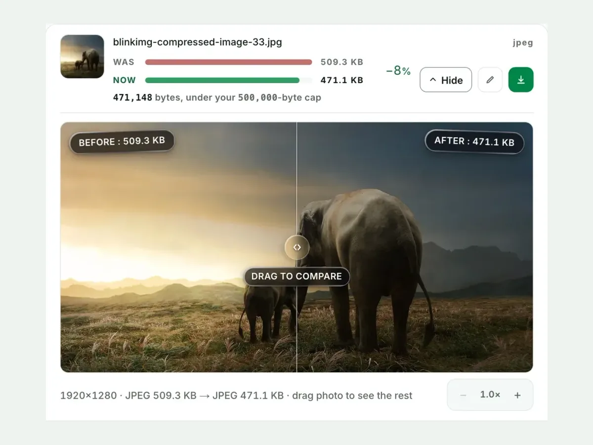 A photo before and after in the compare slider, with both sizes