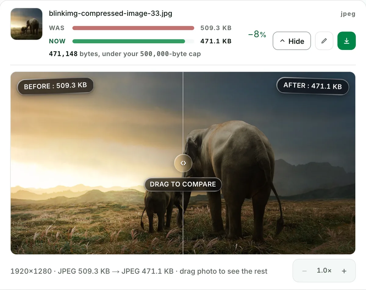 Resize an image to 500 KB without visible loss: the real tool on this page
