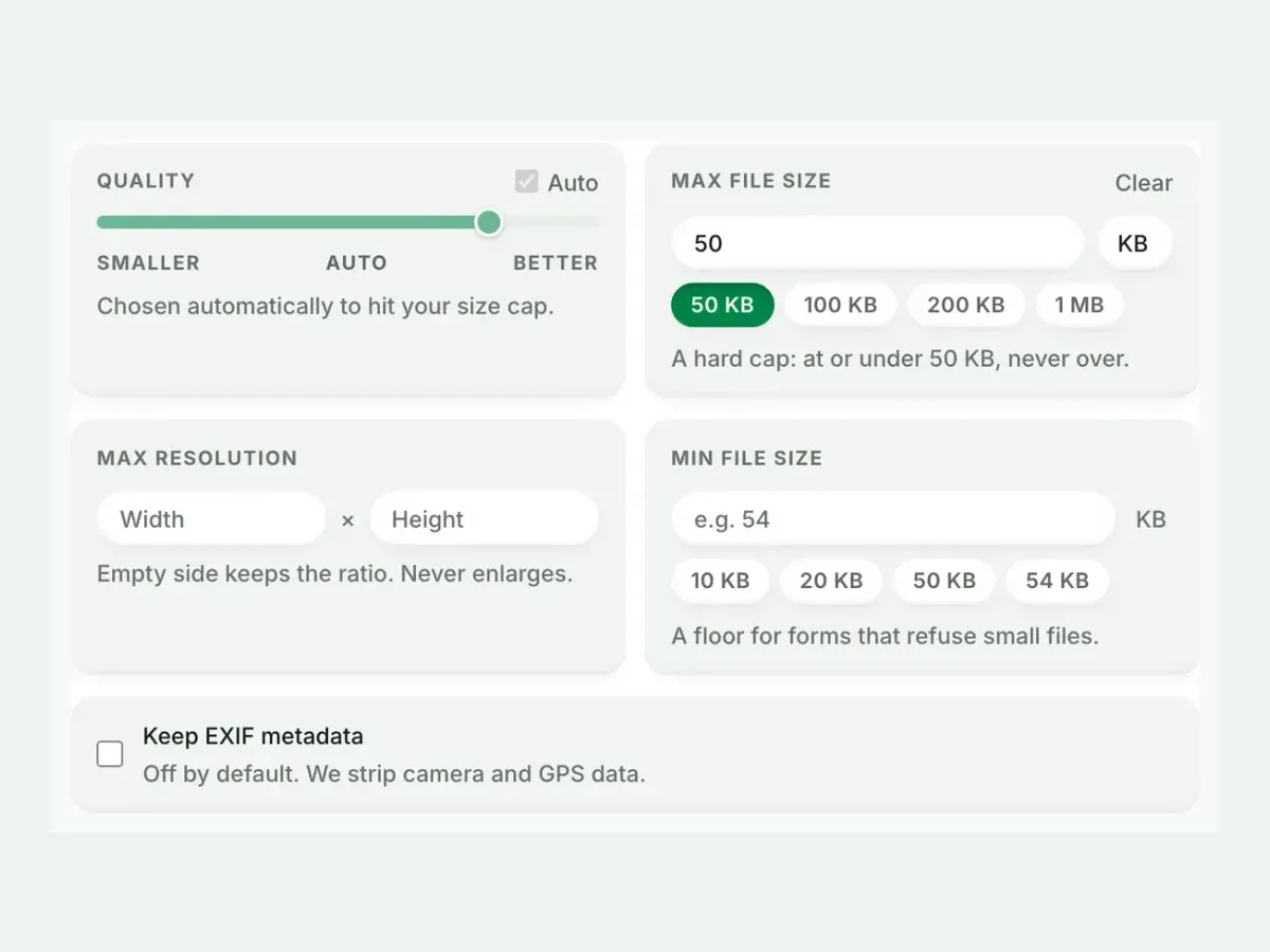 Advanced settings with the maximum file size set to 50 KB