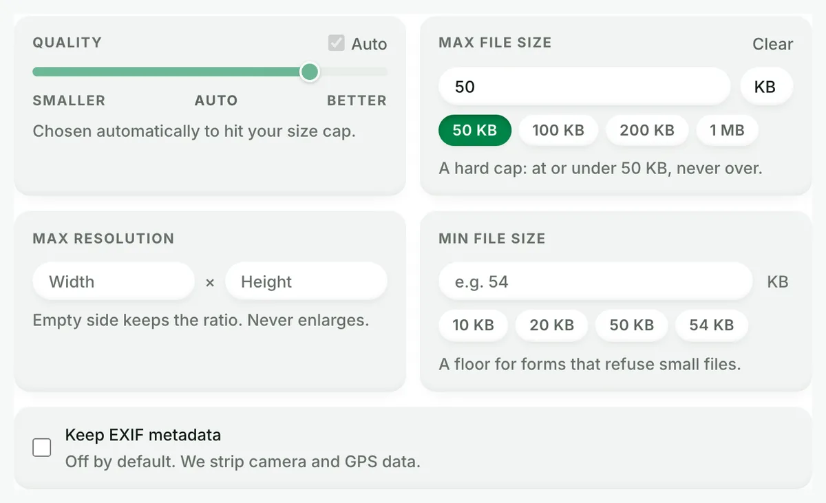 At or under 50 KB, never over: the real tool on this page