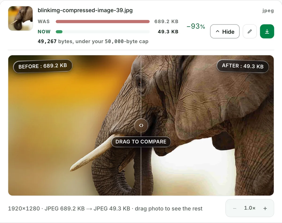Resize an image to 50 KB without visible loss: the real tool on this page