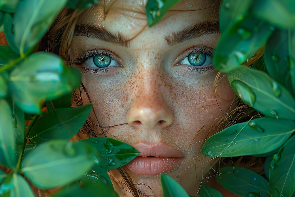 Crop image to square online, before: a freckled face with blue eyes framed by green leaves, Original, 176.5 KB