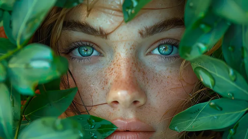 A freckled face with blue eyes framed by green leaves